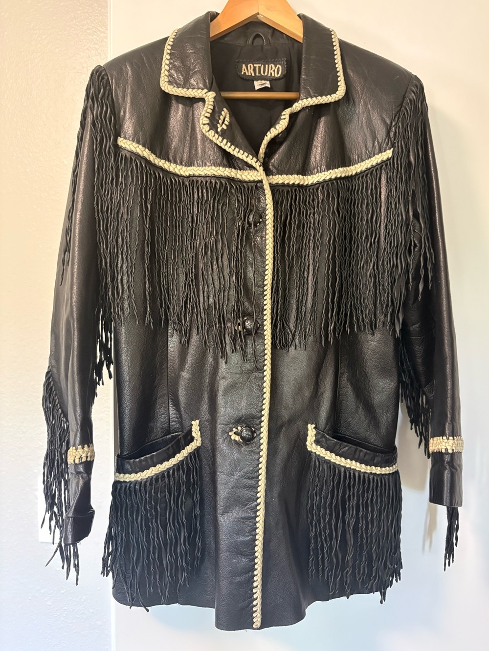 Vintage ARTURO Black Leather Fringe Western Jacket Size 6 | Braided Trim